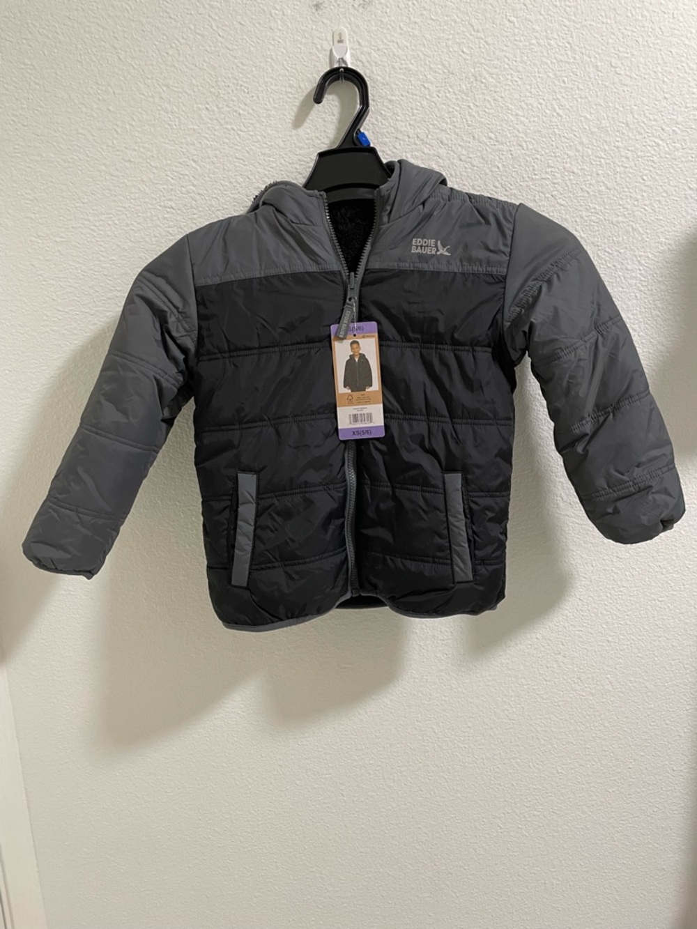 Eddie Bauer Black kids reversible puffer fleece lined Jacket NEW